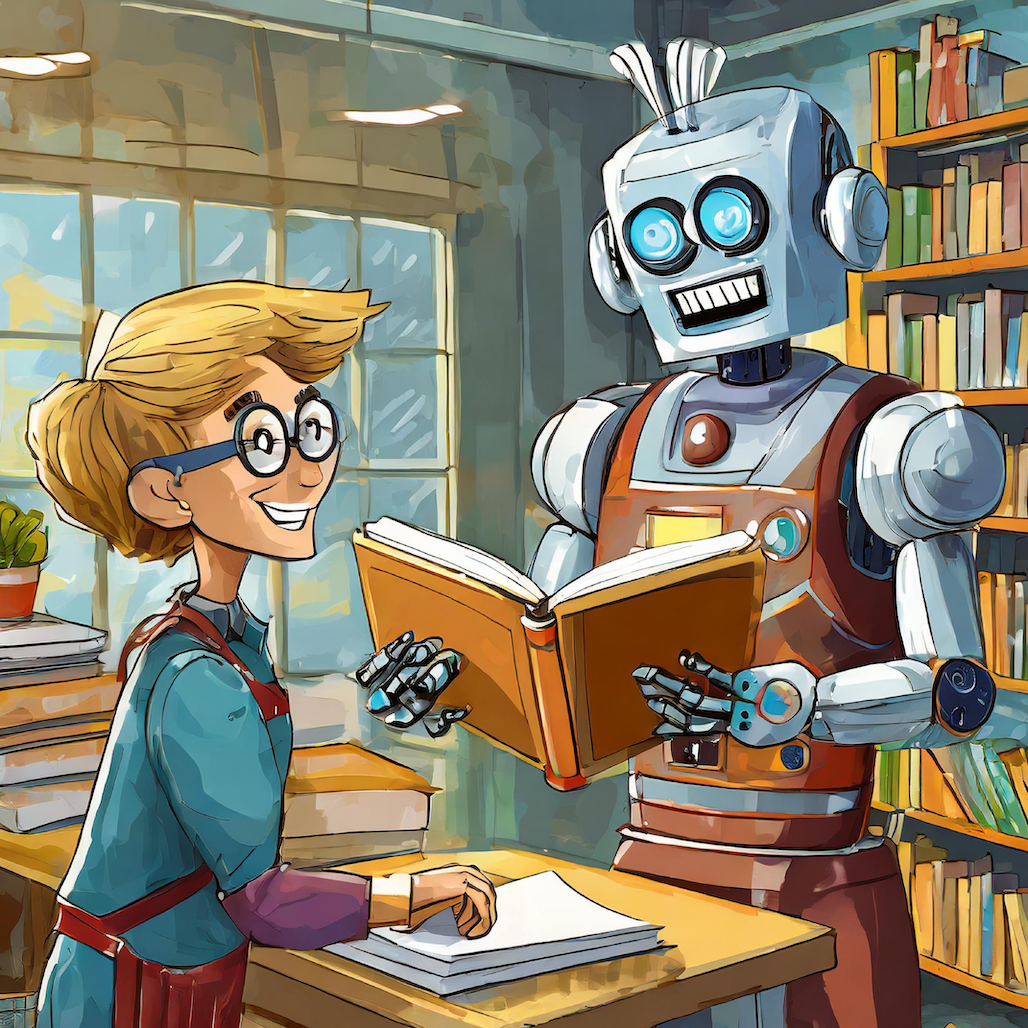 Hello robot mascot holding a campus store